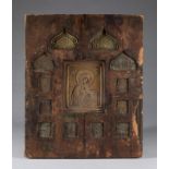 Antique 19th C Russian wooden Icon with bronze Icons