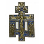 Antique Russian Orthodox enameled bronze Icon Cross