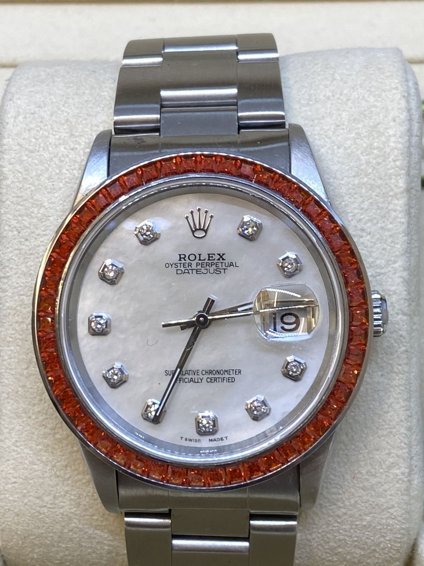 Rolex Stainless Steel Watch 16200 with Box - Set with Diamond dial & Orange Stone Set Bezel - Image 4 of 12