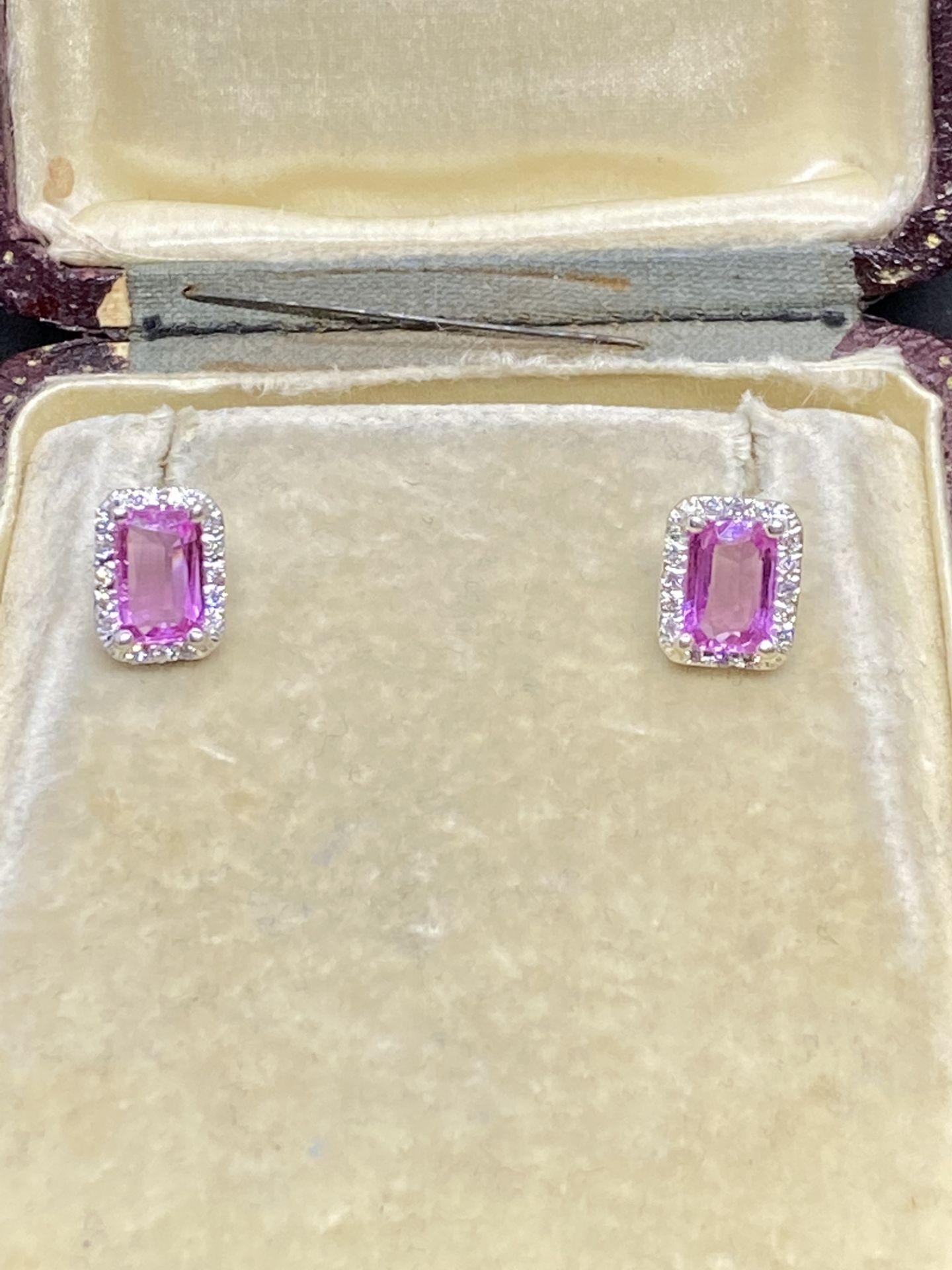 FINE 14ct WHITE GOLD DIAMOND & PINK SAPPHIRE SET EARRINGS