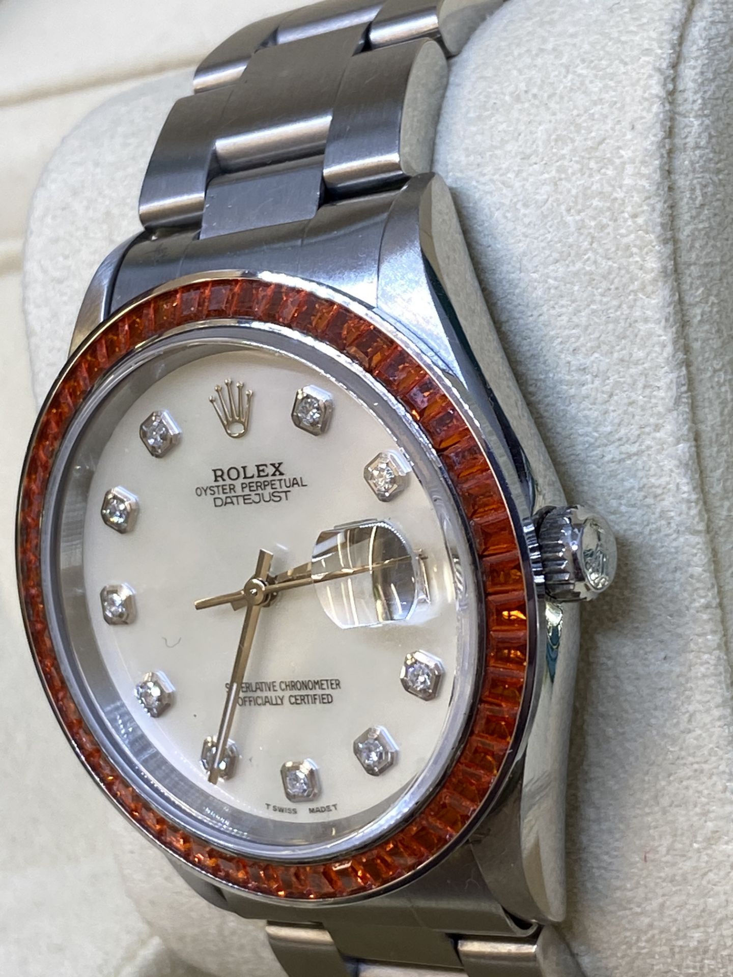 Rolex Stainless Steel Watch 16200 with Box - Set with Diamond dial & Orange Stone Set Bezel - Image 6 of 12