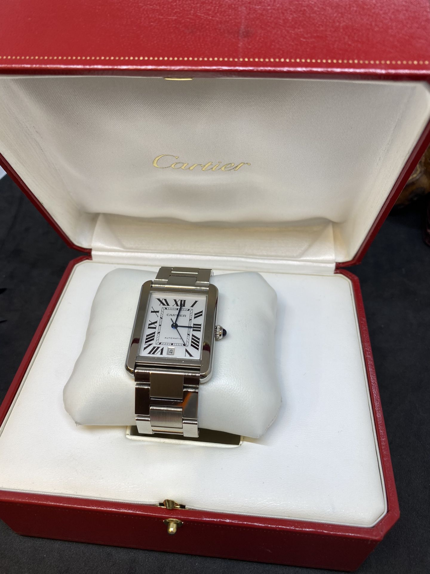 EXTRA LARGE CARTIER STAINLESS STEEL AUTOMATIC WATCH WITH BOX