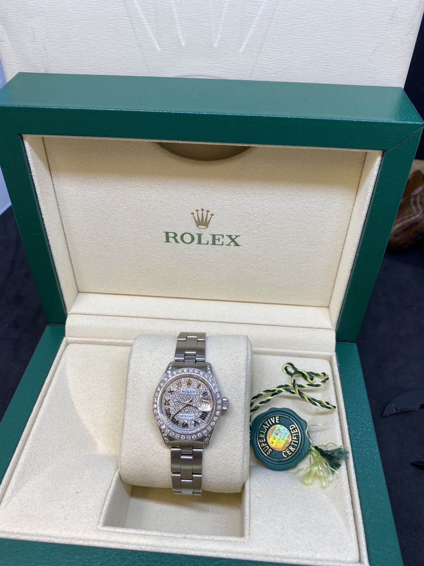 Ladies Stainless Steel Diamond Set Rolex Watch with Box Diamond Bezel, Diamond dial & Set