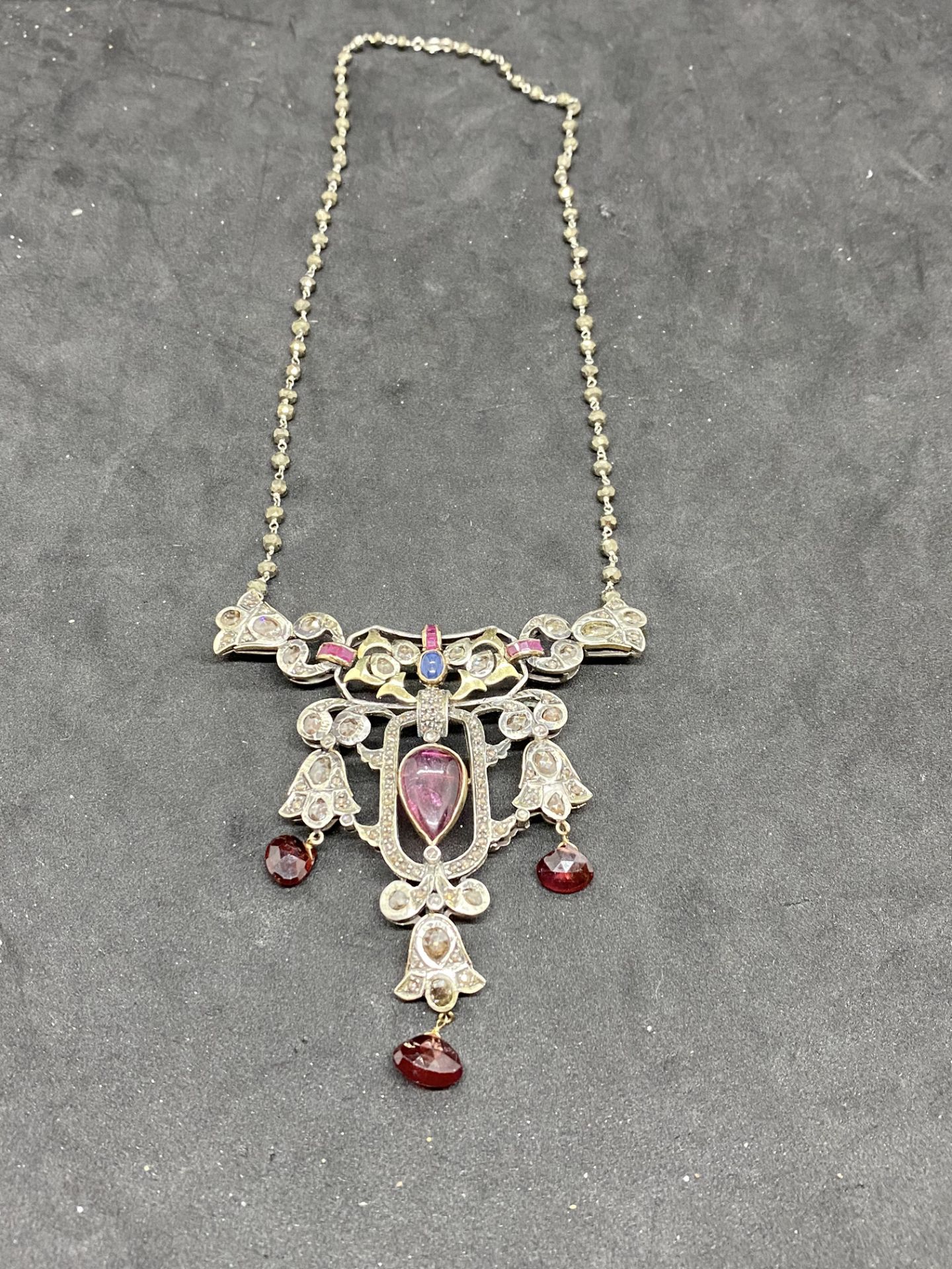 RUBY, ROSE DIAMOND, GARNET & SAPPHIRE SET NECKLACE IN YELLOW & WHITE METAL TESTED AS SILVER & GOLD - Image 8 of 12