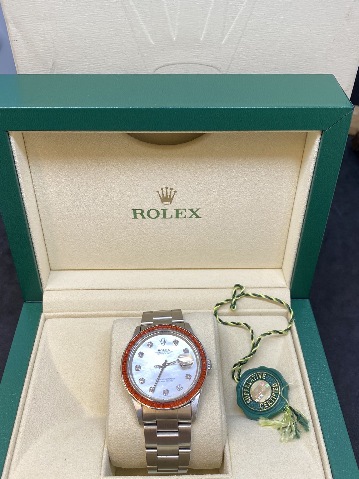 Rolex Stainless Steel Watch 16200 with Box - Set with Diamond dial & Orange Stone Set Bezel - Image 2 of 12