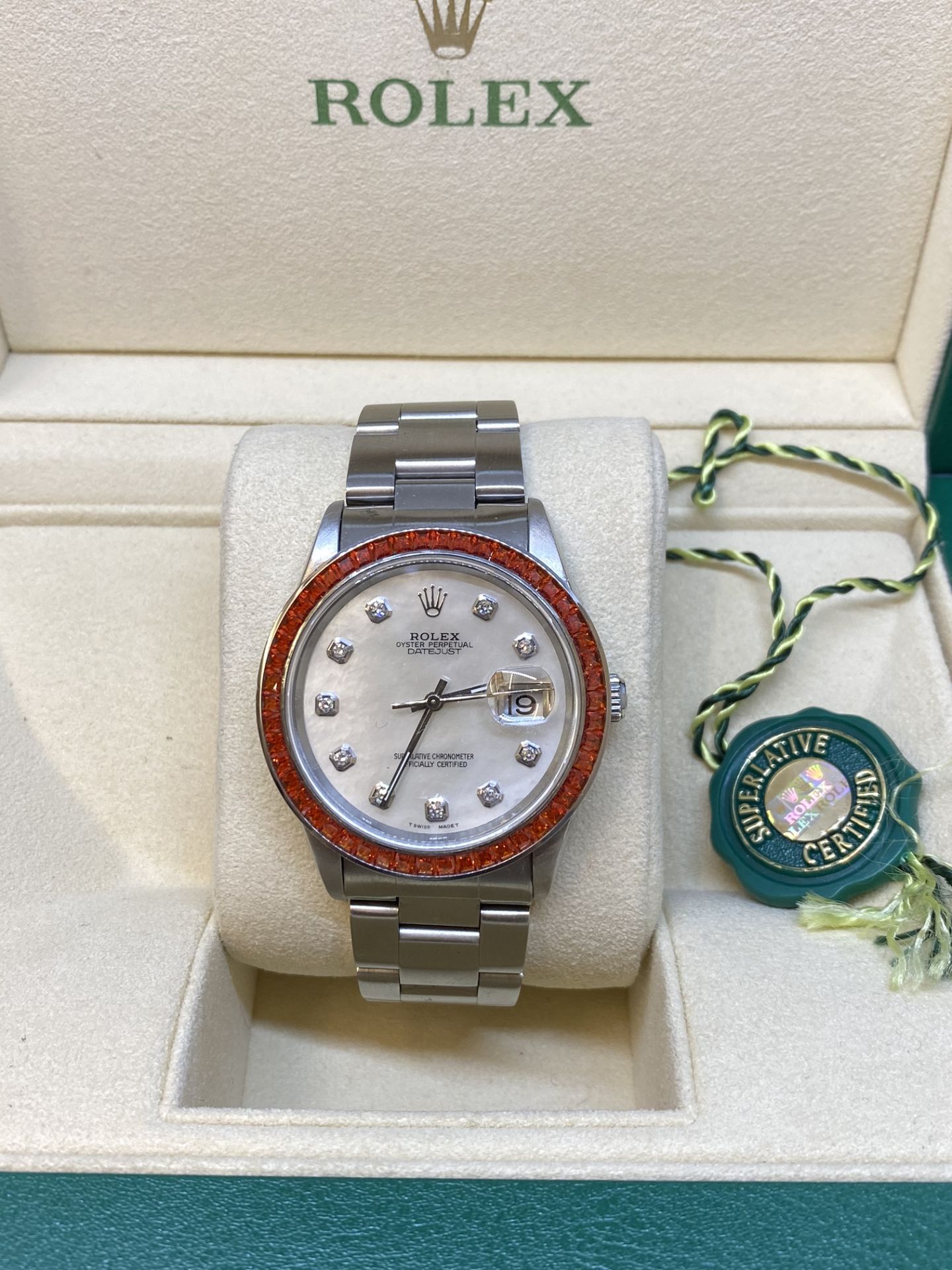 Rolex Stainless Steel Watch 16200 with Box - Set with Diamond dial & Orange Stone Set Bezel