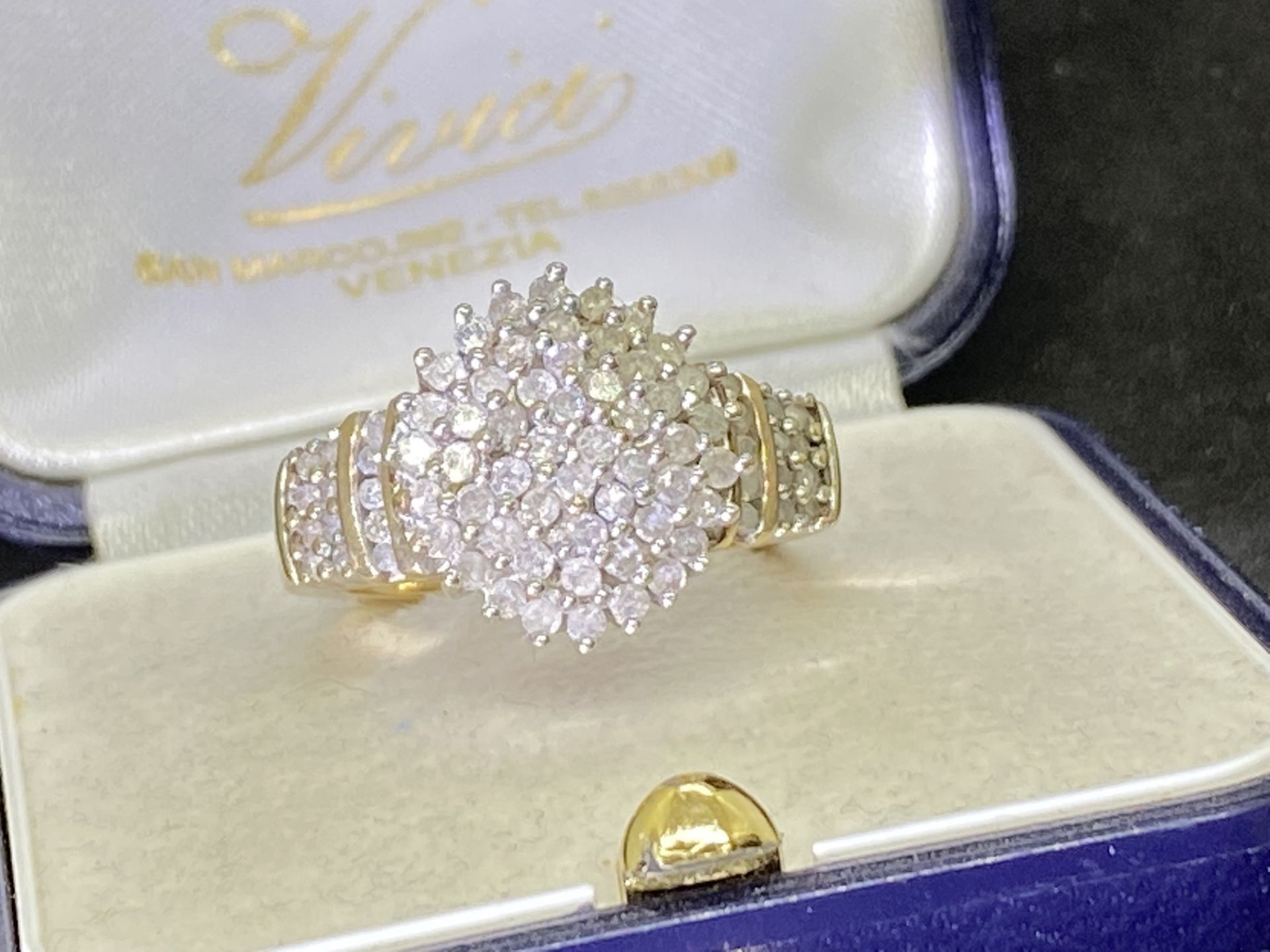 9ct YELLOW GOLD DIAMOND CLUSTER RING - APPROX SIZE N & 1/2