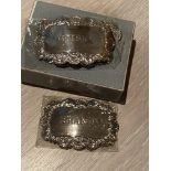 2 x SILVER HALLMARKED WINE LABELS - WHISKY & BRANDY