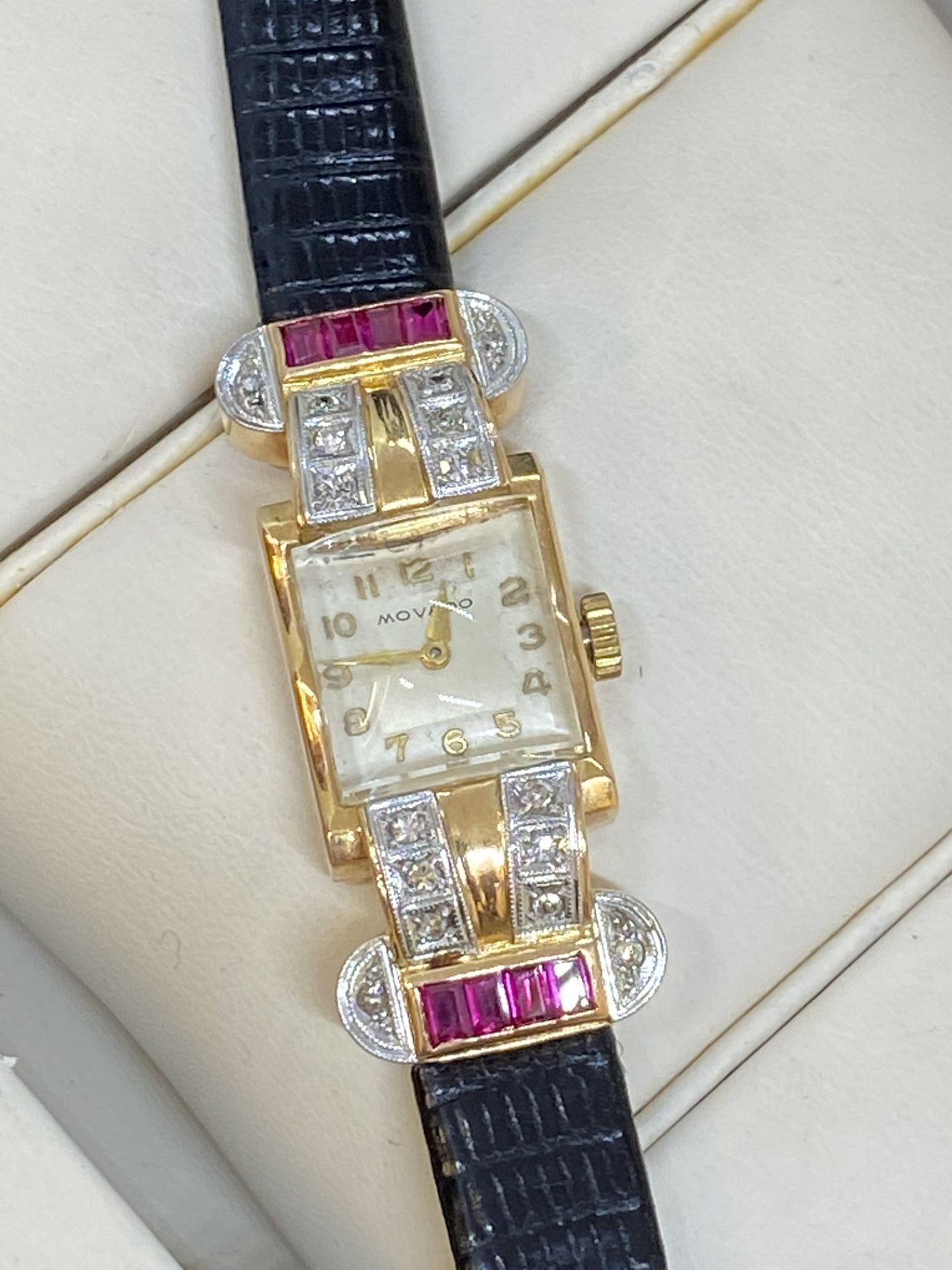 ART DECO ROSE GOLD RUBY & DIAMOND SET MOVADO WATCH