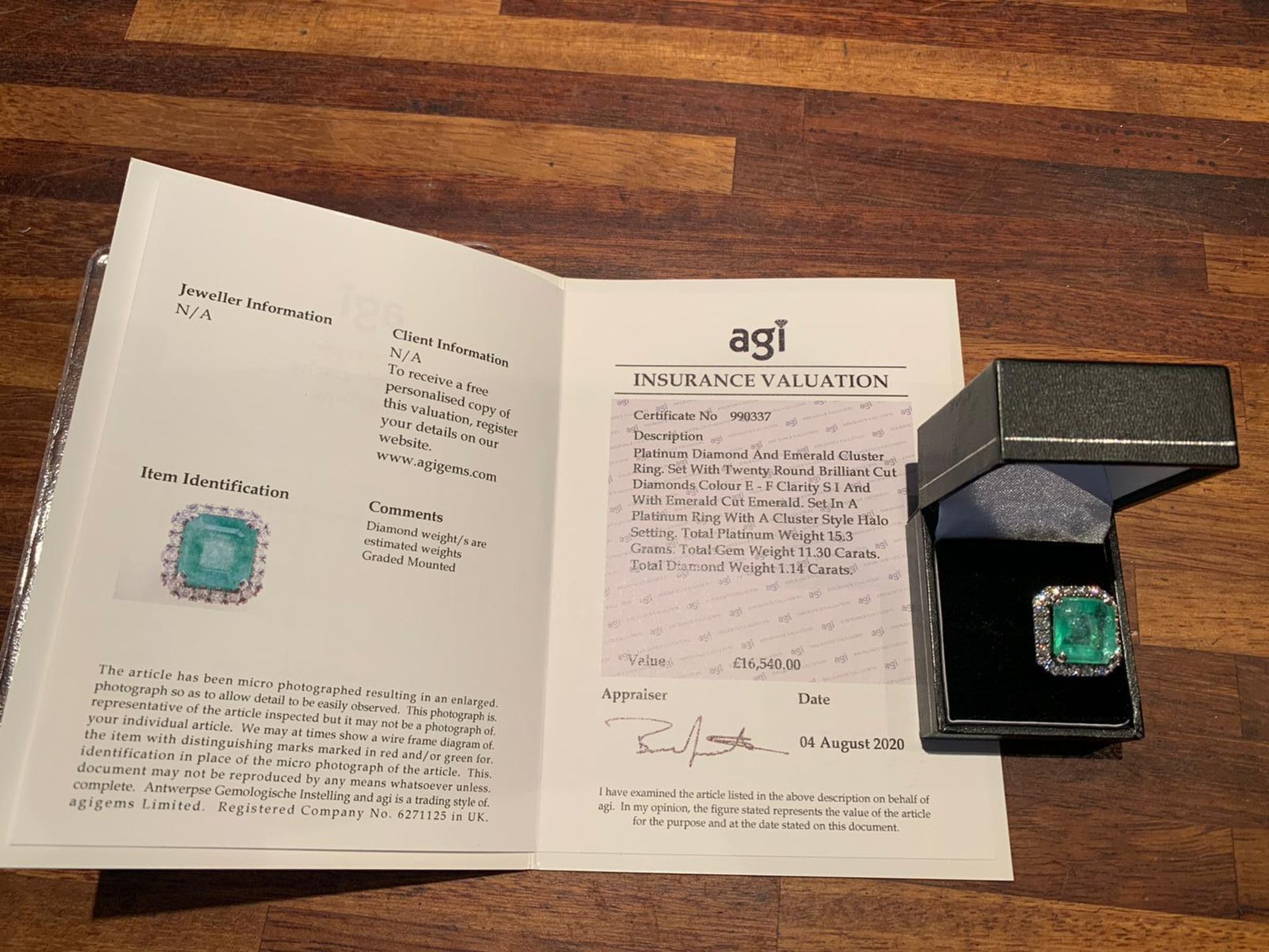 IMPRESSIVE 11.30ct EMERALD & 1.14ct E/F-SI DIAMOND PLATINUM RING WITH AGI VALUATION