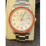 STAINLESS STEEL AUTOMATIC ROLEX WITH DIAMOND DOT DIAL & ORANGE BEZEL