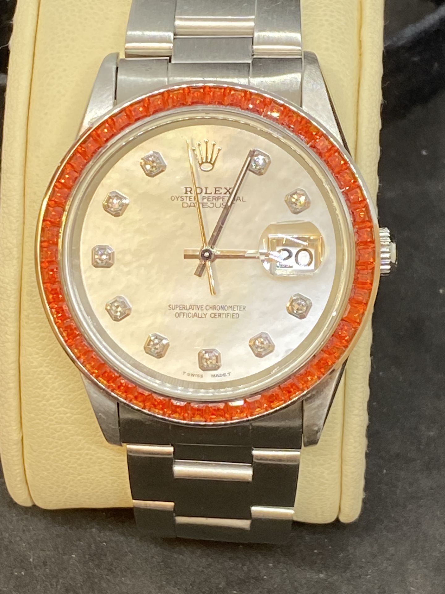 STAINLESS STEEL AUTOMATIC ROLEX WITH DIAMOND DOT DIAL & ORANGE BEZEL