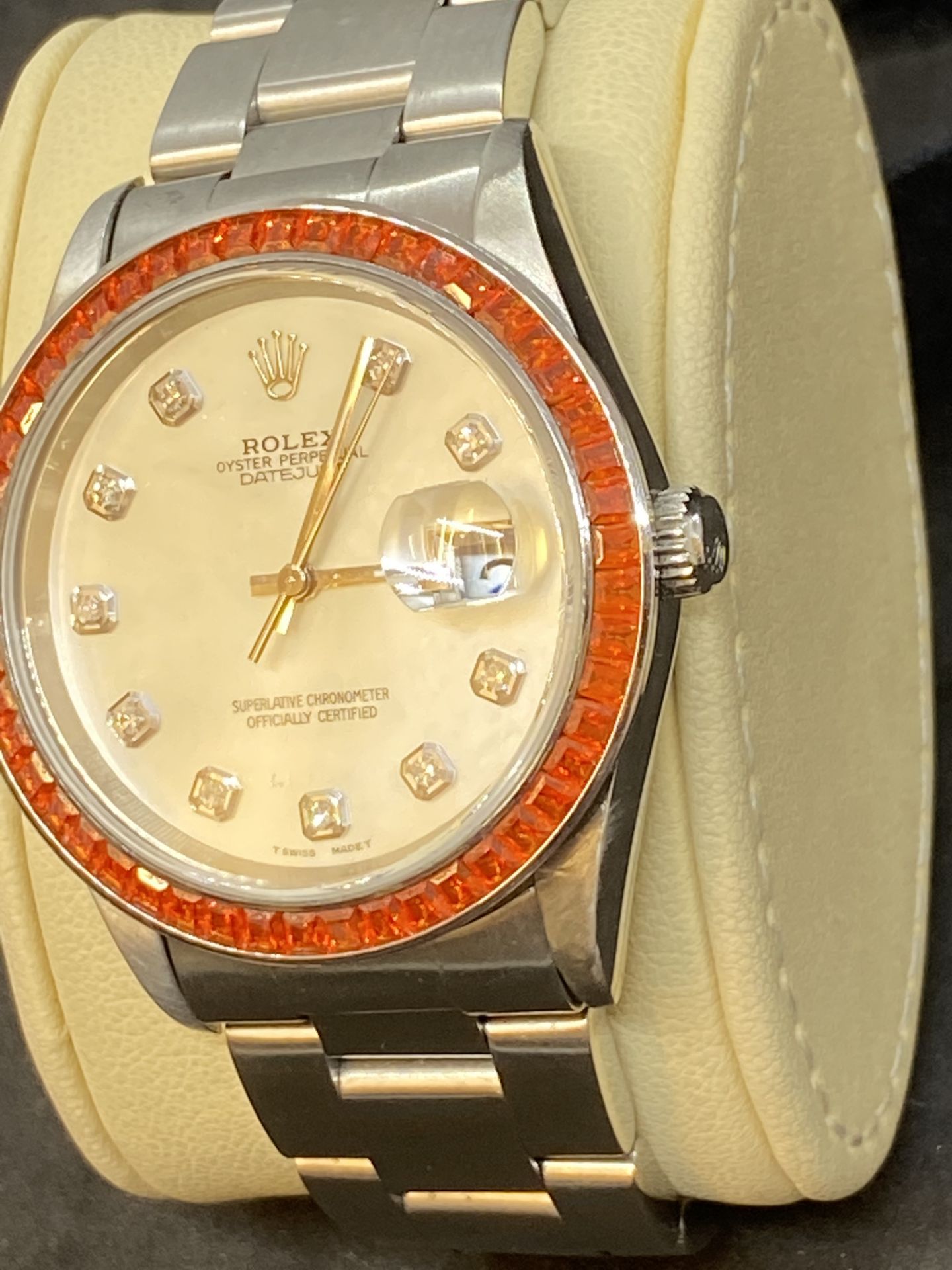 STAINLESS STEEL AUTOMATIC ROLEX WITH DIAMOND DOT DIAL & ORANGE BEZEL - Image 3 of 10