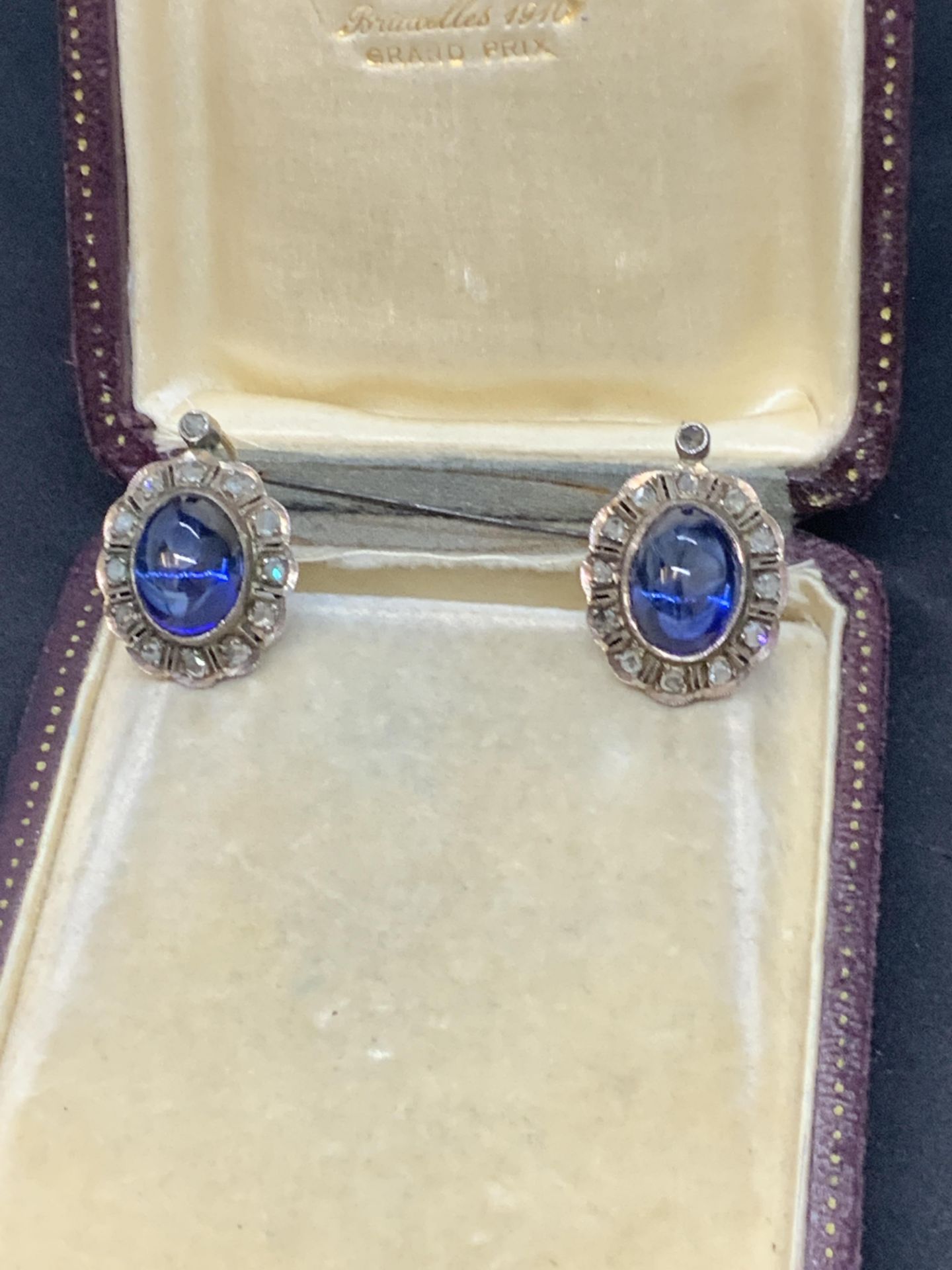 ANTIQUE GOLD & SILVER ROSE CUT DIAMOND & BLUE CABOCHON SET EARRINGS