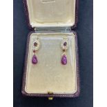 18ct GOLD 6.00ct RUBY CABOCHON & SEED PEARL EARRINGS - 10.7 GRAMS