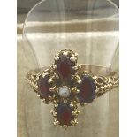 9ct GOLD GARNET & PEARL RING