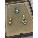 3 X 9ct GOLD BLUE STONE & DIAMOND PENDANTS