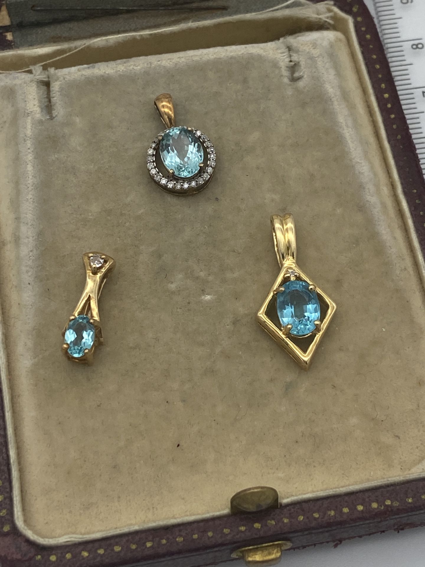 3 X 9ct GOLD BLUE STONE & DIAMOND PENDANTS