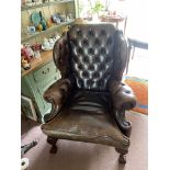 FINE LEATHER BUTTON BACK WINGED ARMCHAIR WITH BALL & CLAW FEET