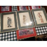 SET OF 3 ORIENTAL GEISHA GIRL WATERCOLOURS SIGNED - JAPAN? CHINA?