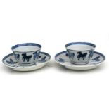 Two Chinese blue & white tea bowls and saucers decorated with the Horses of Mu.