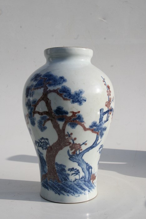 A Chinese blue & copper red baluster vase decorated with landscape scene, six character mark to - Image 7 of 12