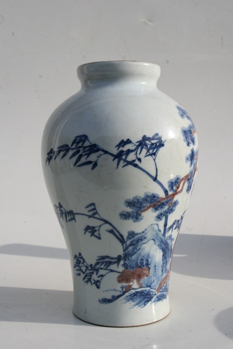 A Chinese blue & copper red baluster vase decorated with landscape scene, six character mark to - Image 6 of 12