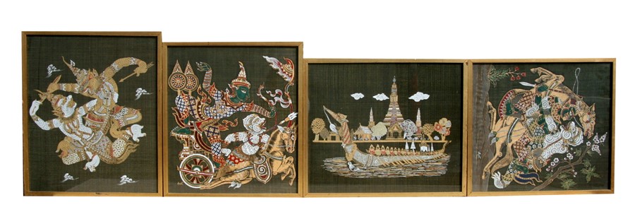 Indian school - a set of four embroidered pictures on silk depicting Deities and Warriors, each