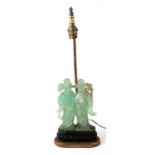 A Chinese figural carved green hardstone / crystal table lamp of two female figures, figures 17cm (
