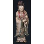 An 18th / 19th century Chinese polychrome soapstone carving depicting Guanyin, 17cms (6.75ins)