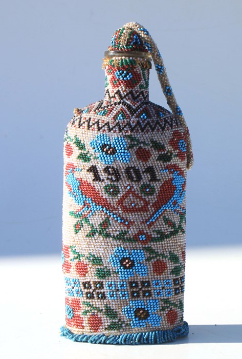 A Boer War 1901 dated Prisoner of War art bead covered bottle with stopper. Overall height 23cms ( - Image 3 of 3