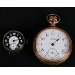 A gold plated open faced pocket watch with Arabic numerals and subsidiary seconds dial; together