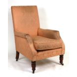 A Victorian button back upholstered armchair with turned front supports; together with another
