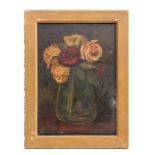 Early 20th century school - Still Life of Roses in a Jug - oil on board, framed, 24 by 34cms (9.5 by