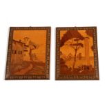 A pair of Sorrento ware parquetry wooden panels depicting landscape scenes, each 24 by 18cms (9.5 by