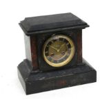 A Victorian black slate mantle clock, the black enamel chapter ring with gilt Roman numerals, fitted