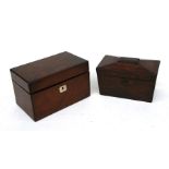A Victorian rosewood tea caddy of sarcophagus form, 22cms (8.75ins) wide; together with another