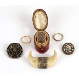 A 19th century hair plait mourning ring, cased, brooches and other items.Condition Reportmourning
