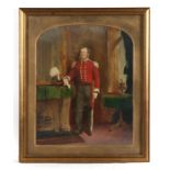 Victorian school, an overpainted print of a gentleman in military dress, standing in a room
