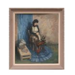 Ainley - Woman Working at her Spinning Wheel - signed lower right, oil on board, framed, 60 by 70cms