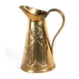 A JS & S brass pitcher decorated in relief with Art Nouveau stylised flowers.20cm (8 ins) high