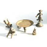 A group of Indian bronze temple figures; together with an engraved circular dish on three mythical