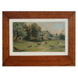 J Hill - A Farmyard Scene with Sheep in the Foreground - oil on board, signed lower right, framed,
