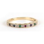 A 9ct gold diamond and coloured stone 'Dearest' ring, approx UK size 'R', weight 2g.Condition