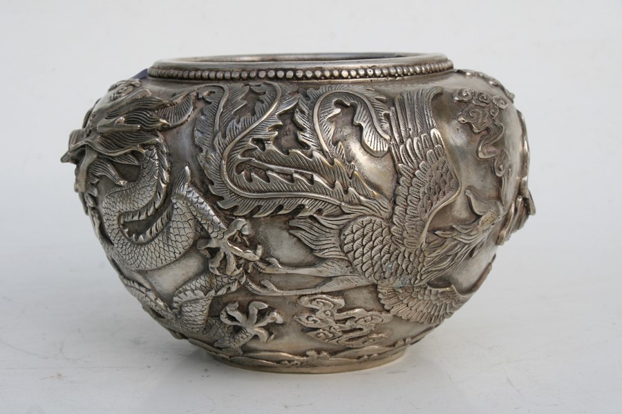 A large Chinese silvered bronze censer decorated in relief with a dragon and phoenix, four character - Image 8 of 12