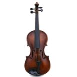 A one piece back violin and bow in a coffin shaped case, 56cms (22ins) long.