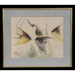 A Japanese woodcut print depicting Angelfish, framed & glazed, 25 by 32cms (10 by 12.5ins).