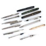 A quantity of silver and other propelling pencils and fountain pens to include Sampson & Morden
