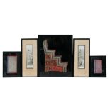 Three Chinese textile fragments, framed and glaze together with two Japanese prints