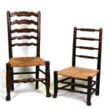 A beech ladderback dining chair with rush seat; together with another similar (2).